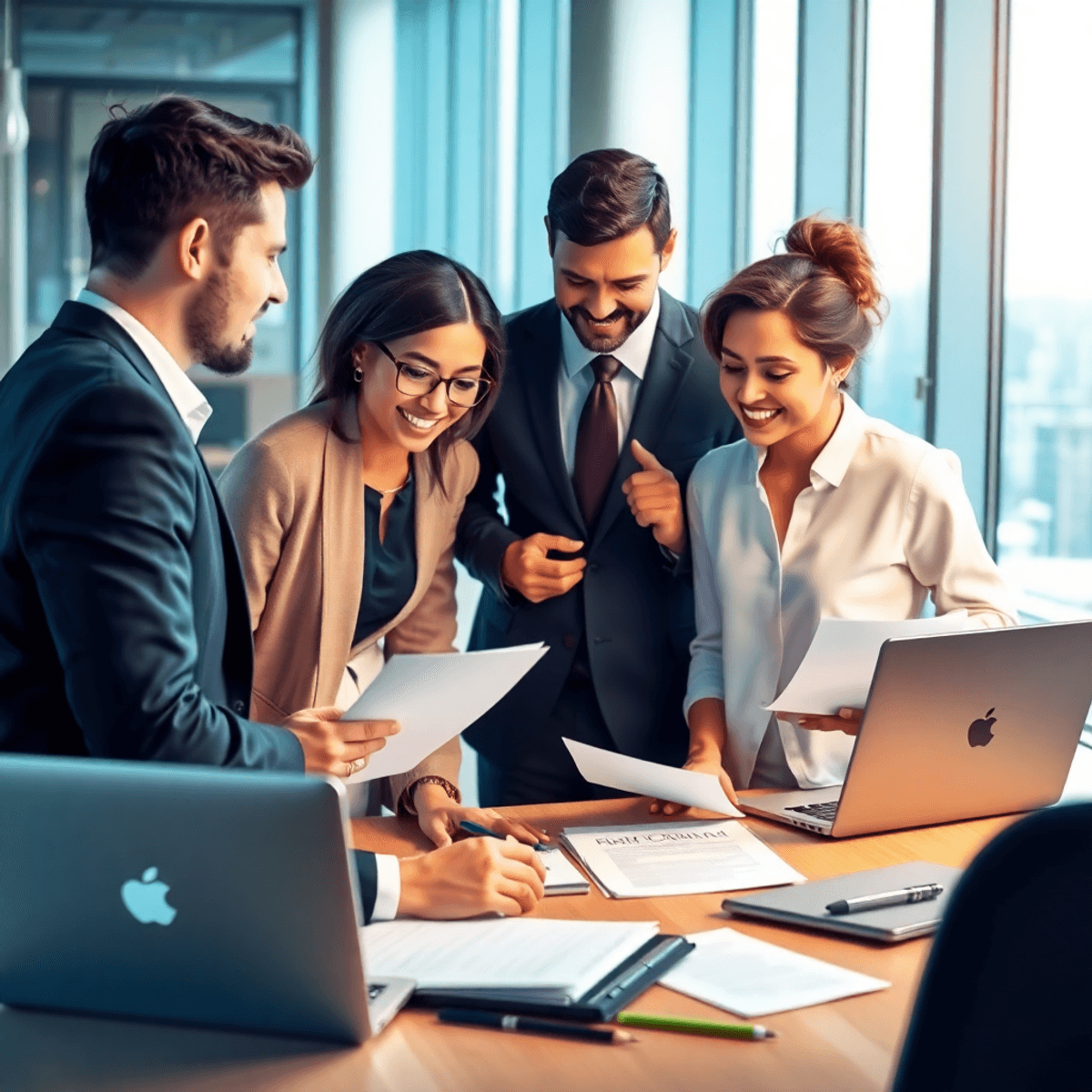 A diverse group of professionals collaborates in a modern office, surrounded by laptops and resumes, preparing for a job interview in a positive at...