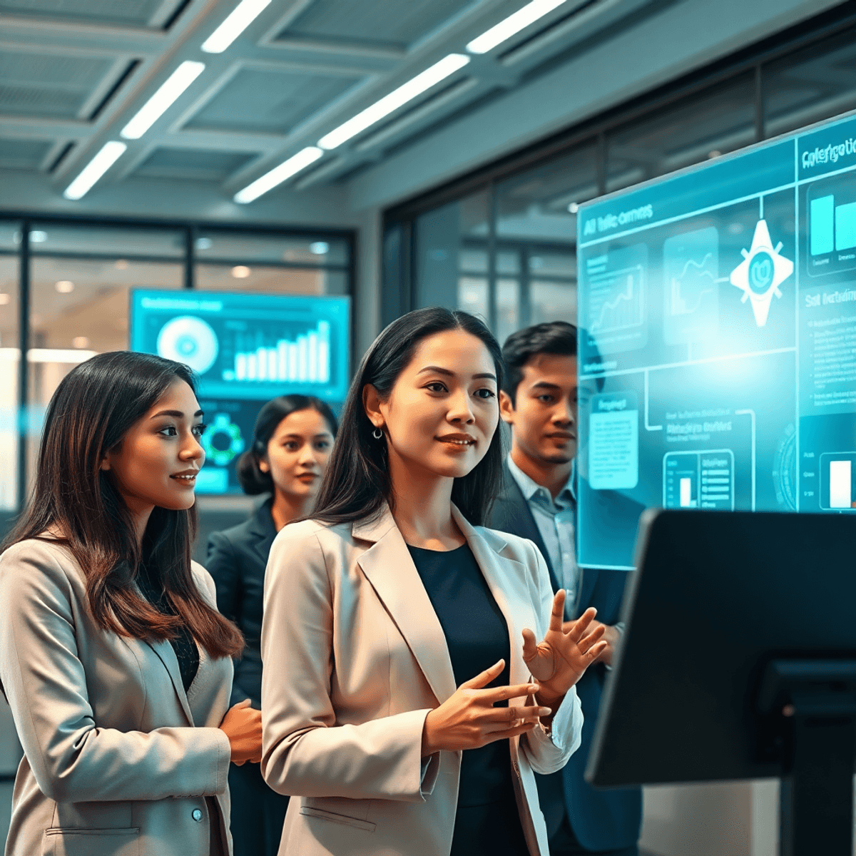 A modern office scene with professionals engaging with advanced AI technology, featuring digital screens showcasing data analytics and automated in...